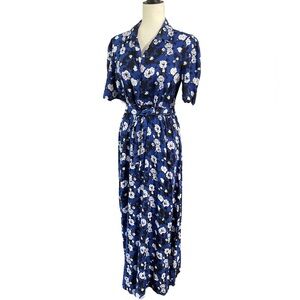 The Golden Globe Shirt Dress Full Button Down Blue Dress Black/White Floral